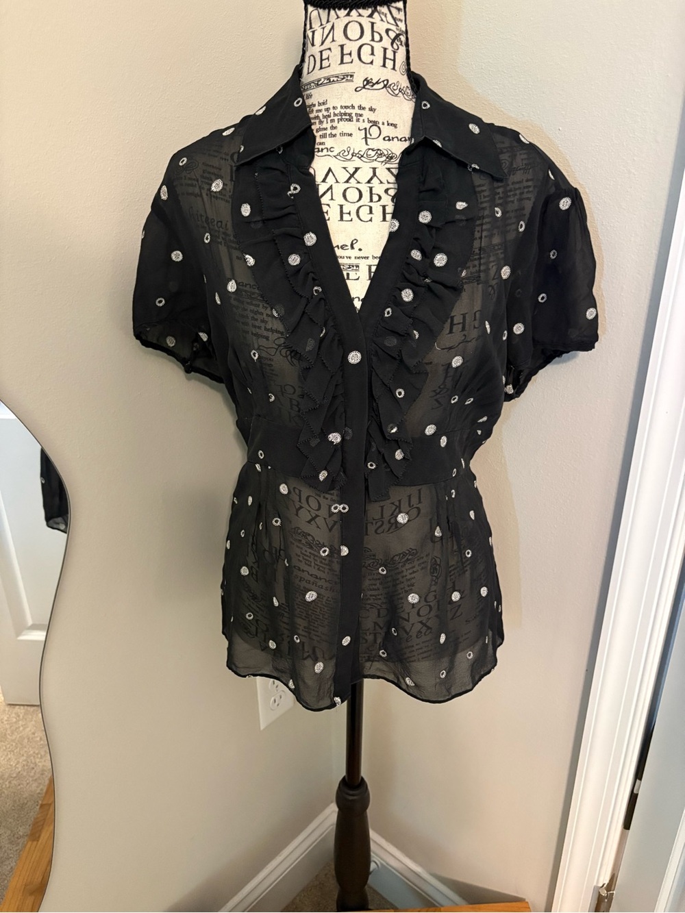 Ann Taylor Black Sheer Ruffle Blouse with White Polka Accents